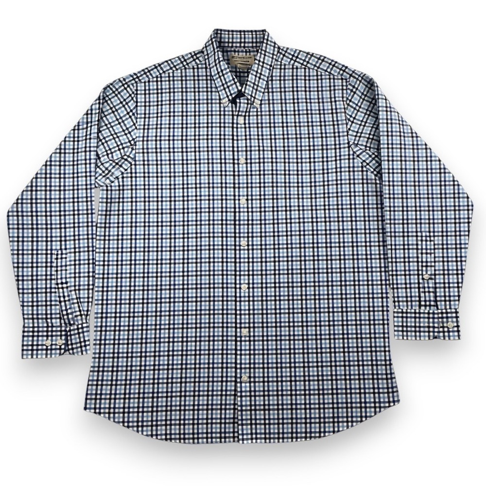 Duluth Trading Co Wrinklefighter Blue Plaid Button Down Shirt Mens XL Tall 92105